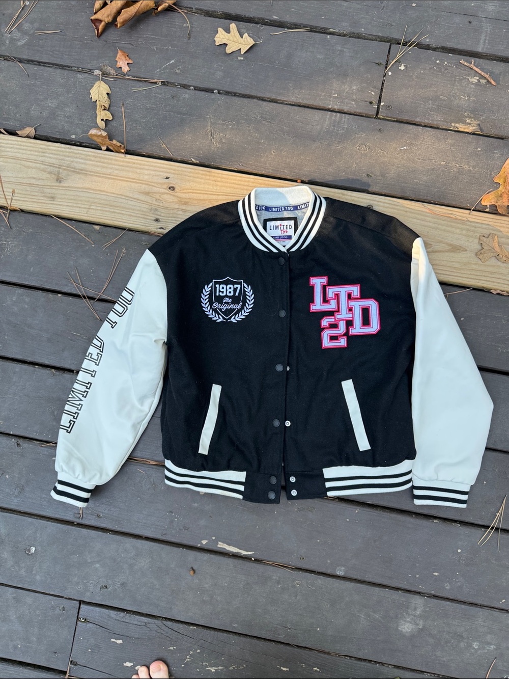 The Limited Black & White Varsity Bomber Jacket with Red LTD Patch size Large